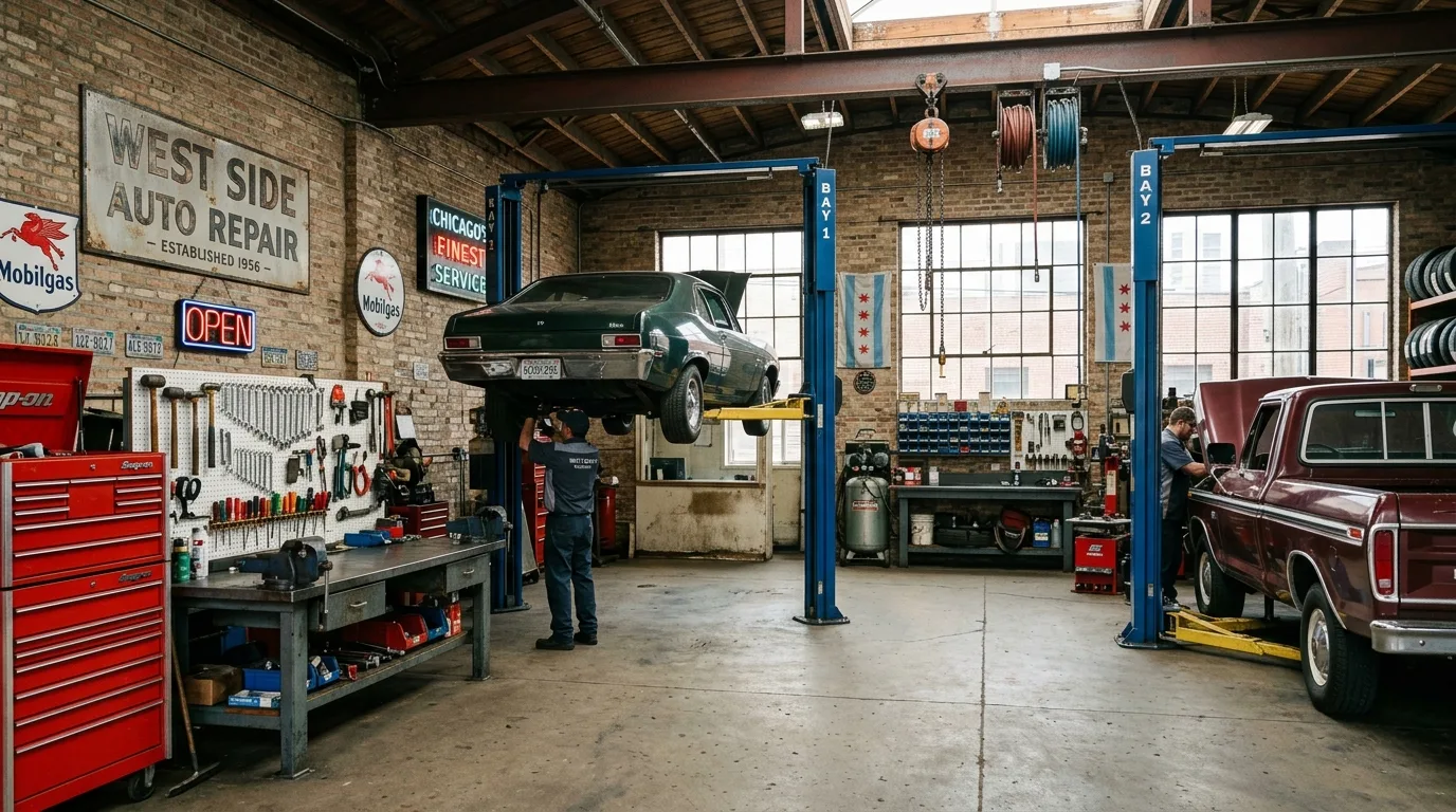 An ASE-certified mechanic working on a vehicle at Joe's Garage